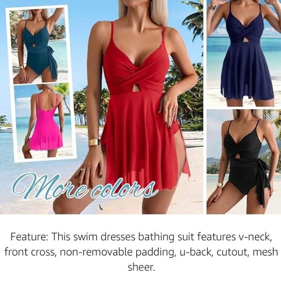 B2PRITY Swimsuit Women L Blue Swim Dress Wrap V-Neck Mesh 1 Piece Tummy Control - Picture 3 of 6